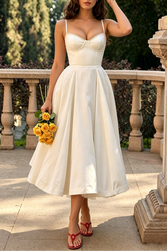 Ivory Satin-Crepe Fit-and-Flare Midi Dress
