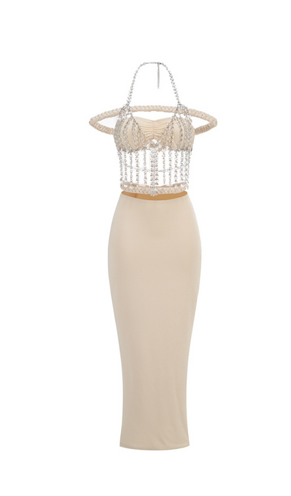 crystal chain embellished fishtail skirt set in apricot