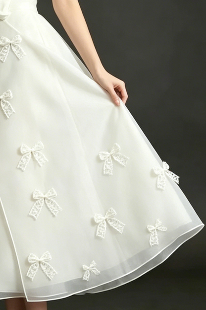 Draped Strapless Lace Bow Organza Mid Dress