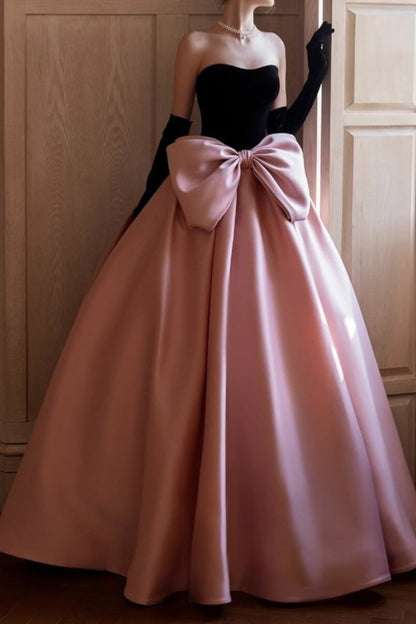 A-Line Neck Satin Velvet Pink Dress