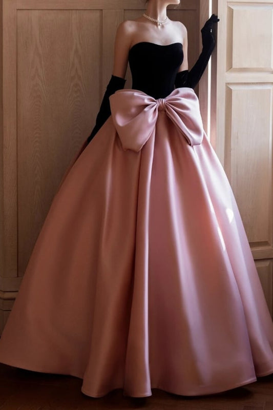 A-Line Neck Satin Velvet Pink Dress