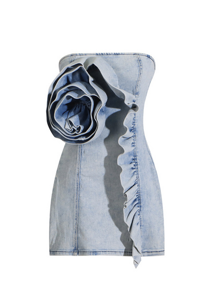 ALISON BLUE RUFFLED TRIM STRAPLESS DENIM MINI DRESS