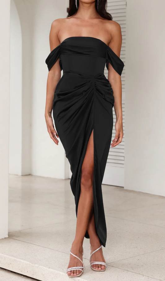 strapless satin midi dress in black