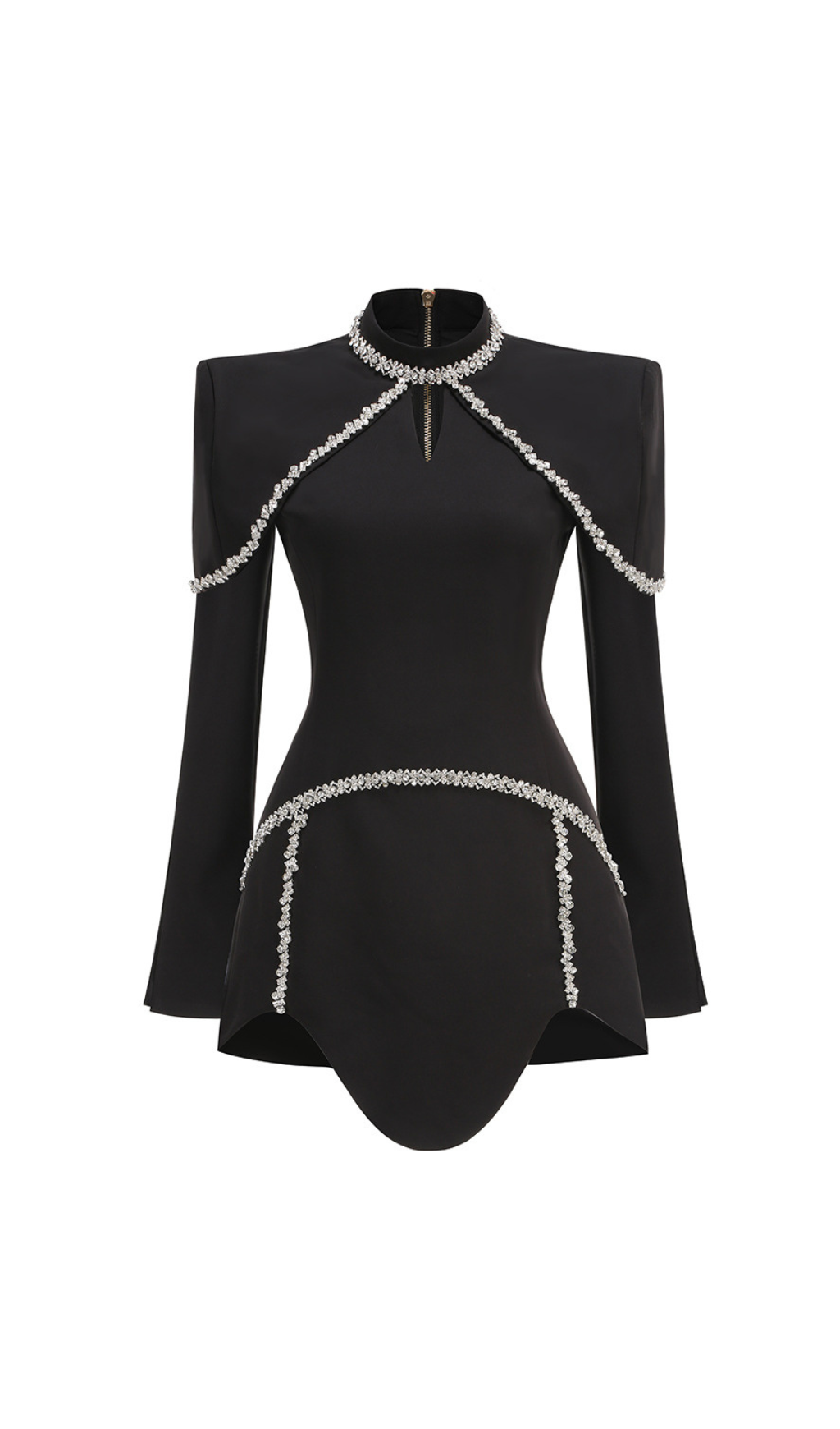 diamond chain embellished trumpet sleeve mini dress in black