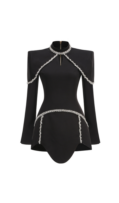 diamond chain embellished trumpet sleeve mini dress in black