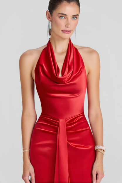 HALTER DRAPED SATIN MERMAID MAXI DRESS IN RED