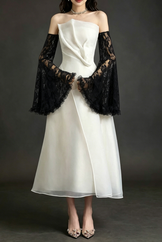 Strapless Layered Organza Midi Dress In White With Black Arm Sleeves