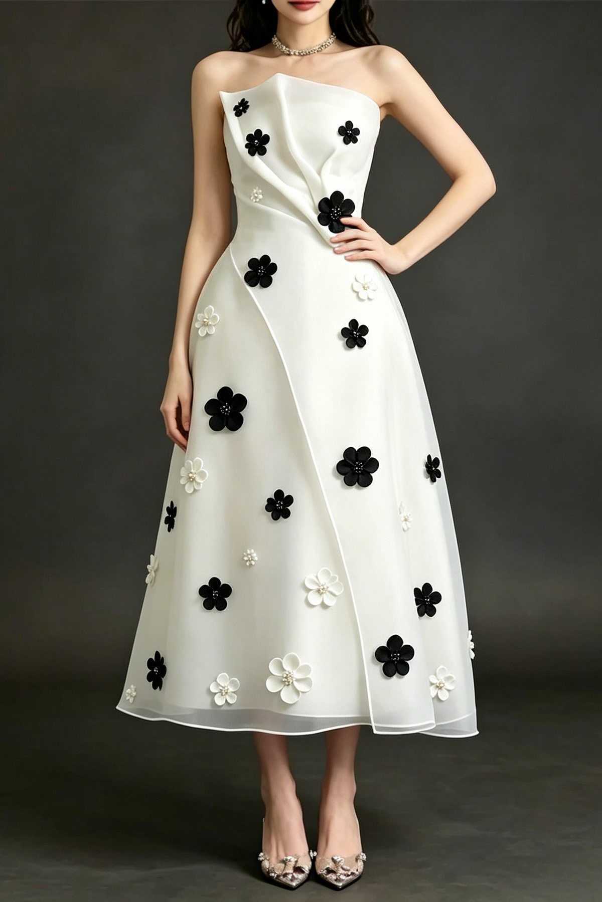 Draped Strapless 3D Floral Organza Midi Dress
