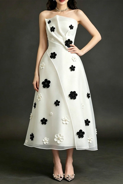 Draped Strapless 3D Floral Organza Midi Dress