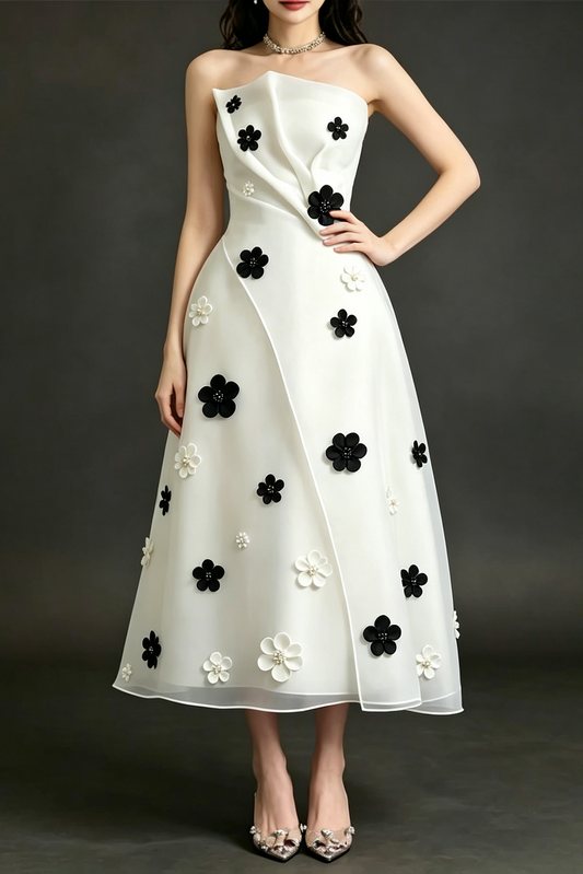 Draped Strapless 3D Floral Organza Midi Dress
