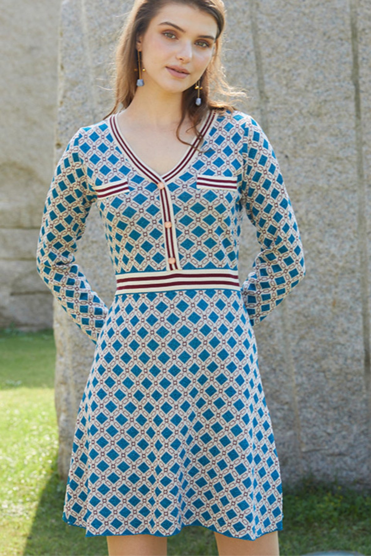Knit A-line mini dress in blue