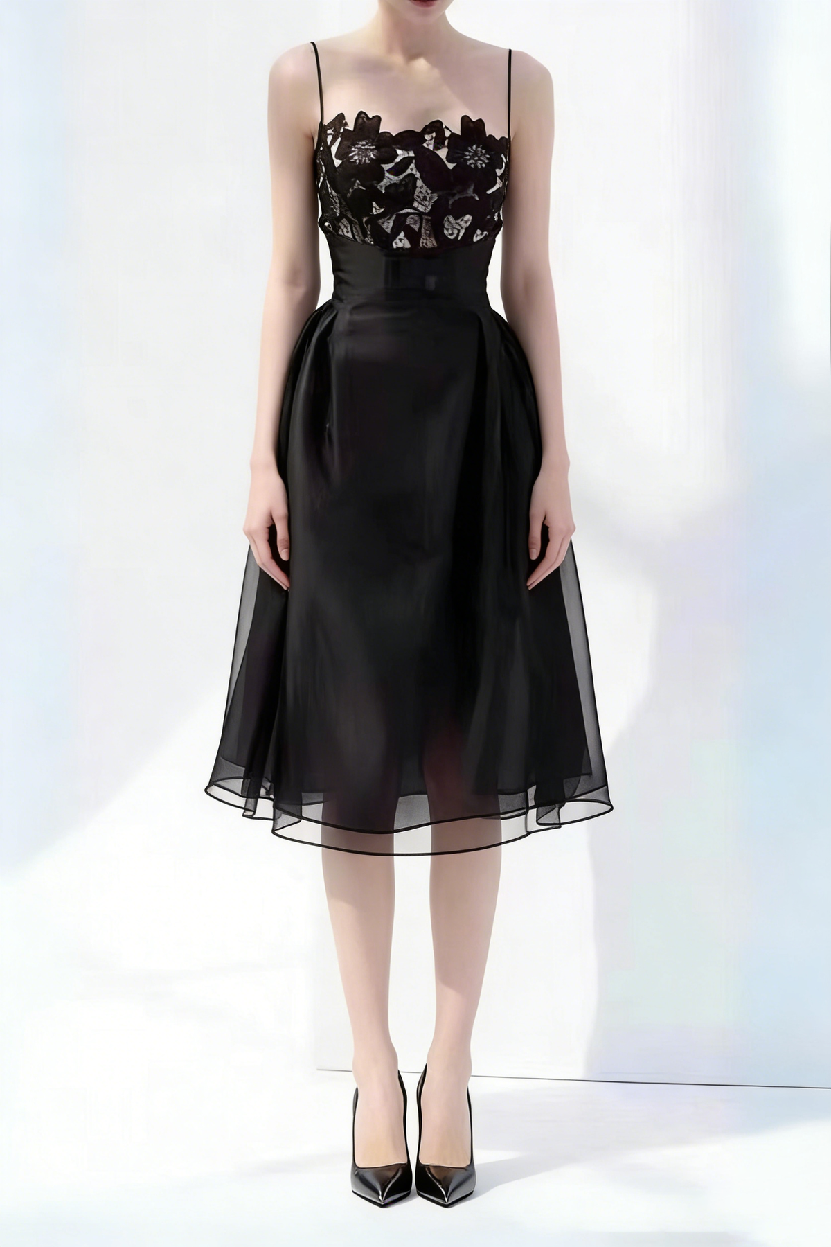 BLACK LACE CAMISOLE MIDI DRESS