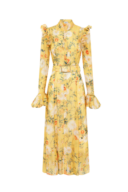Daisy Print Butterfly Sleeve Midi Dress in yellow