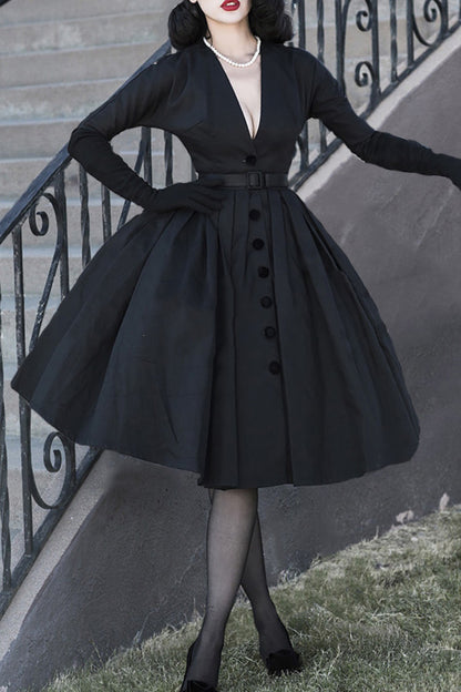 V neck midi dress in black