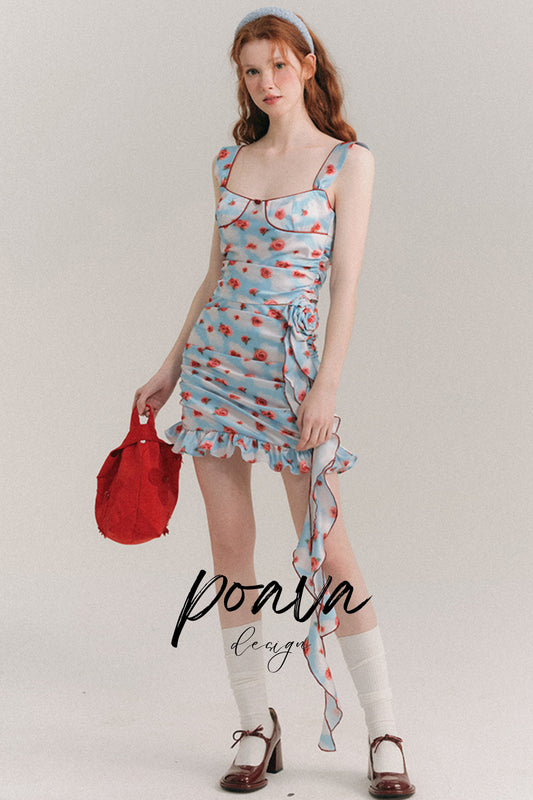Ruffle Floral mini dresses in blue