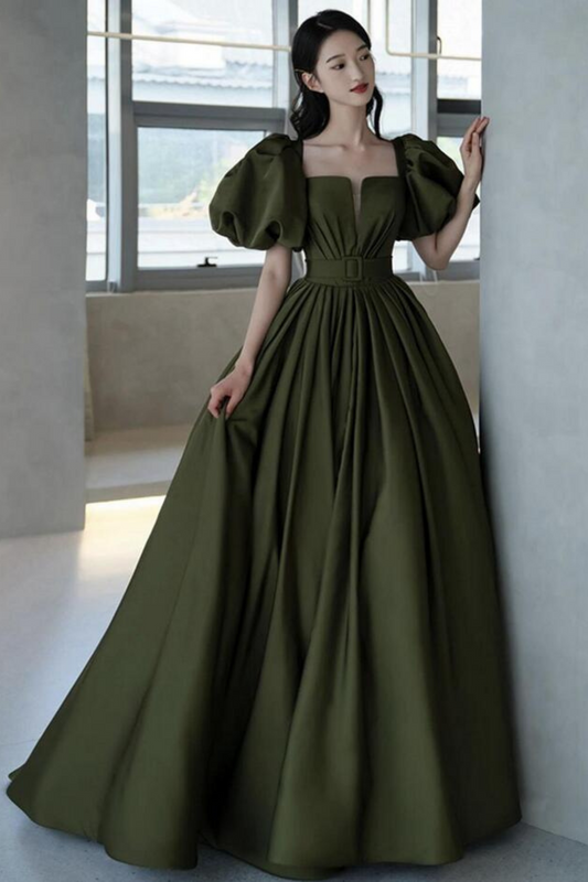 Green satin A line dress