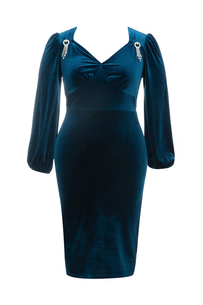 Puff sleeve high split velvet midi dresses