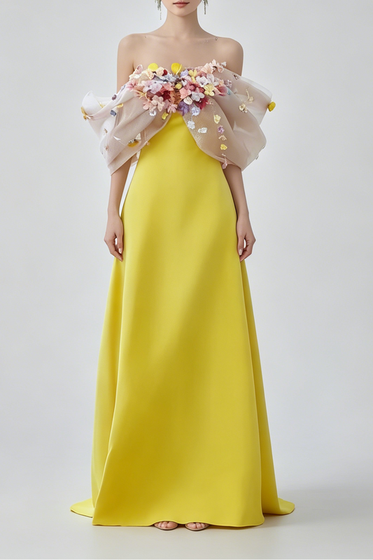 Bright Yellow Satin Strapless Maxi Gown With 3D Colorful Floral Tulle Bust