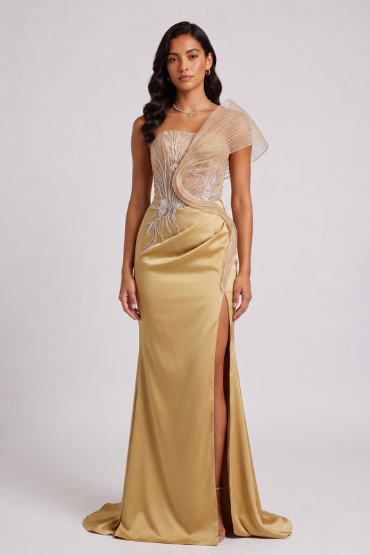 Strapless Rhinestone Mesh Ruffle Satin Mermaid Evening Gown
