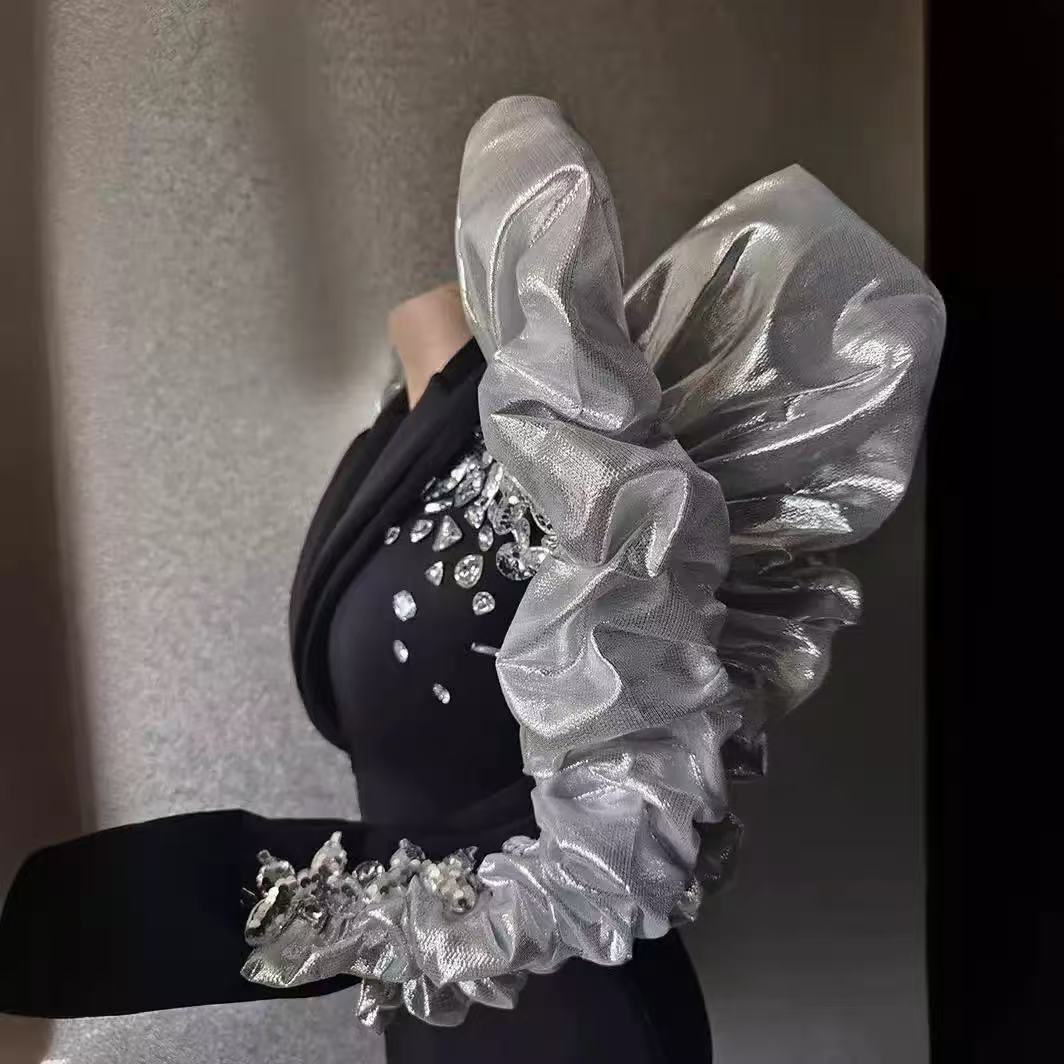 Black Blazer Mini Dress with Ruffled Organza Sleeves & Crystal Rhinestones
