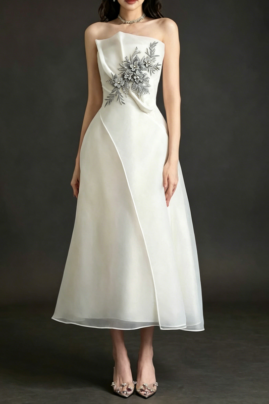 Strapless Layered Organza Midi Dress In White With Graay Flower Embroidery