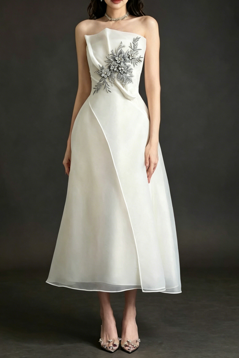 Strapless Layered Organza Midi Dress In White With Graay Flower Embroidery