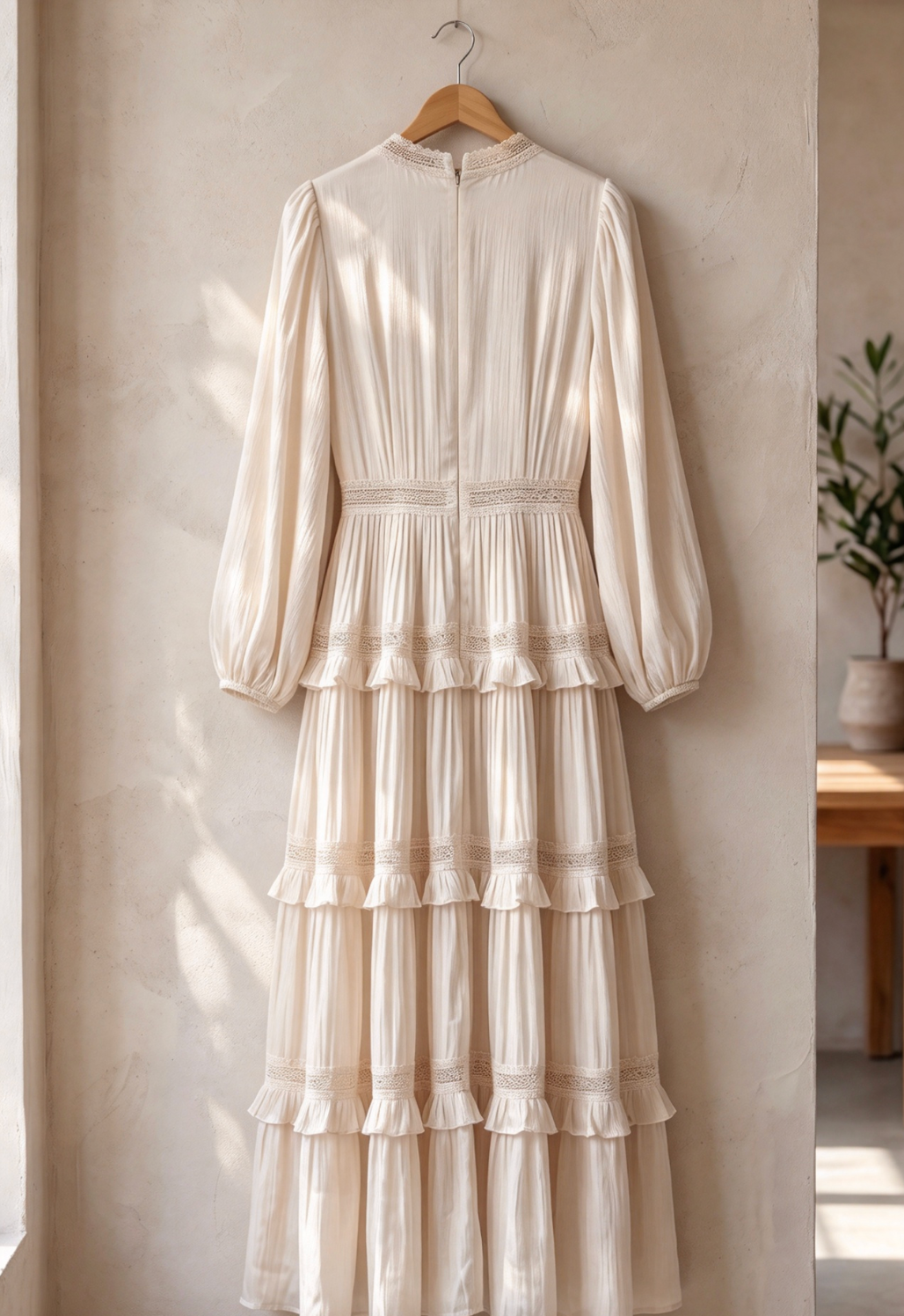 Cream Crinkled Satin Tiered A-Line Maxi Dress