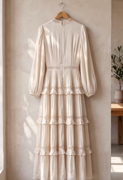 Cream Crinkled Satin Tiered A-Line Maxi Dress