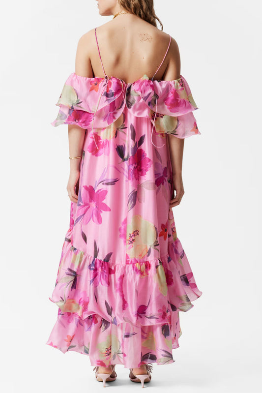 hedwig off-shoulder floral printed ruffle maxi dress in rose red