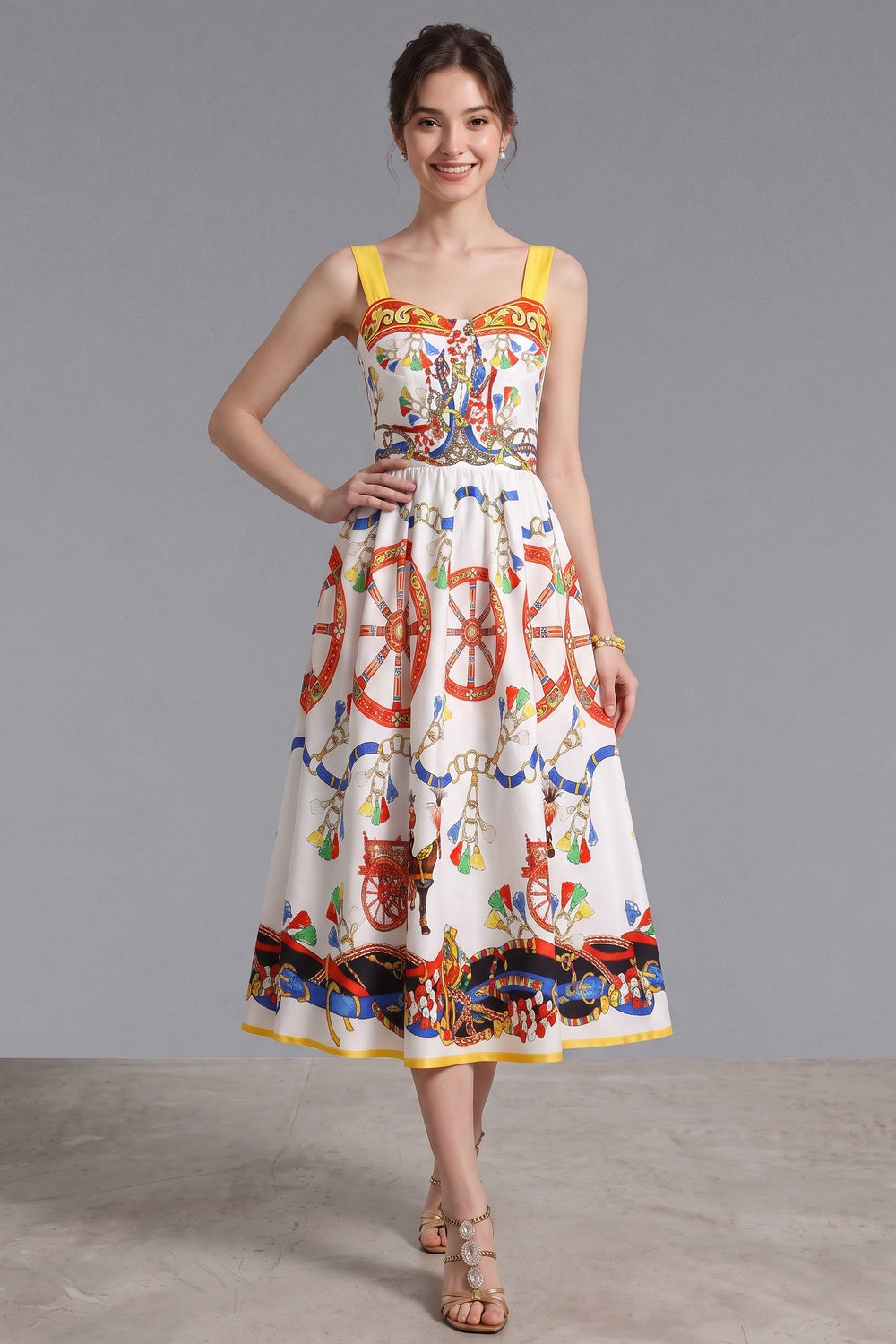 White Cotton Poplin Fit-and-Flare Midi Dress with Sicilian Carretto Print white cotton poplin midi dress - product view 2