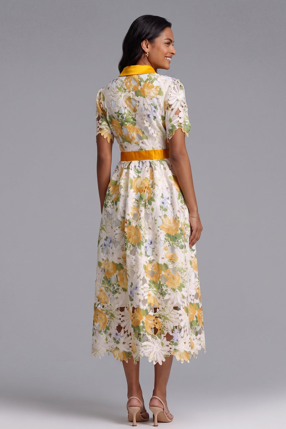 White Guipure Floral Lace A-Line Midi Dress with Yellow Satin Accents white, yellow guipure floral lace dress - product view 3