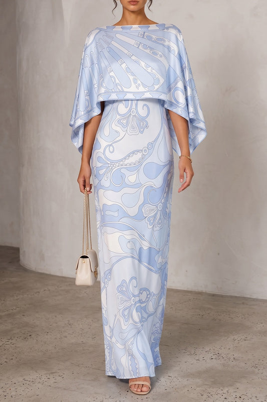 Printed Cape Satin Maxi Dress
