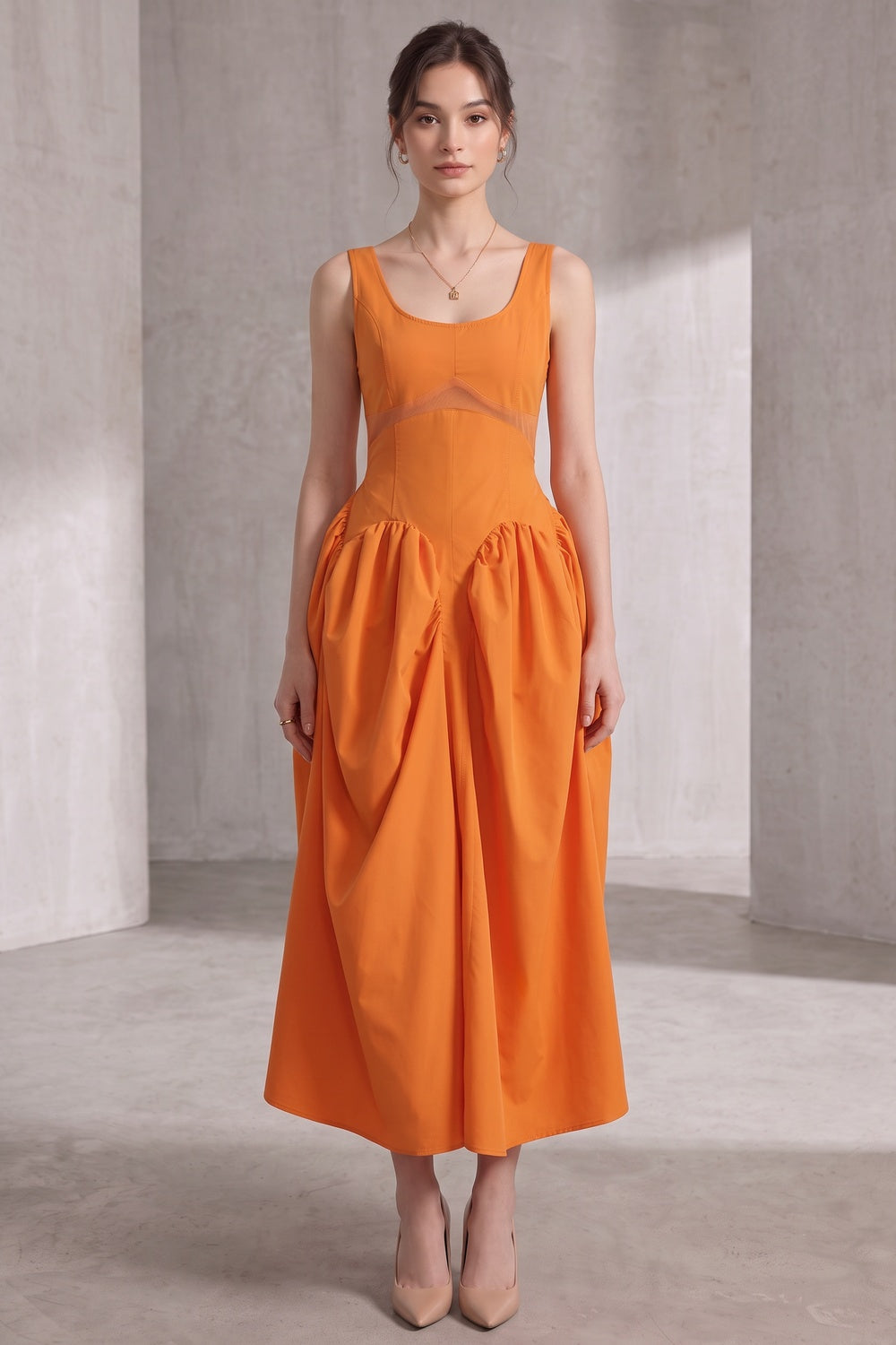 Bright Orange Fit-and-Flare Balloon Skirt Midi Dress bright orange cotton poplin or structured taffeta dress - product view 3