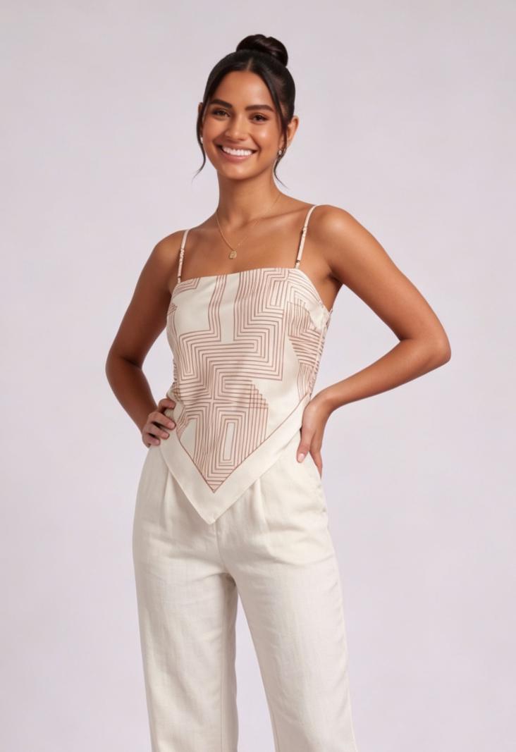 Cream Satin Geometric Handkerchief Camisole Top