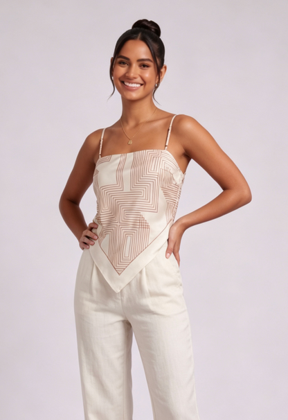 Cream Satin Geometric Handkerchief Camisole Top