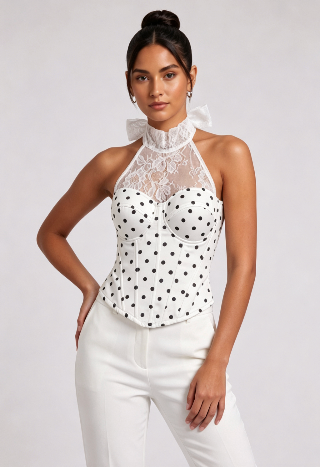 White Polka Dot Bustier Corset Top with Lace Halter