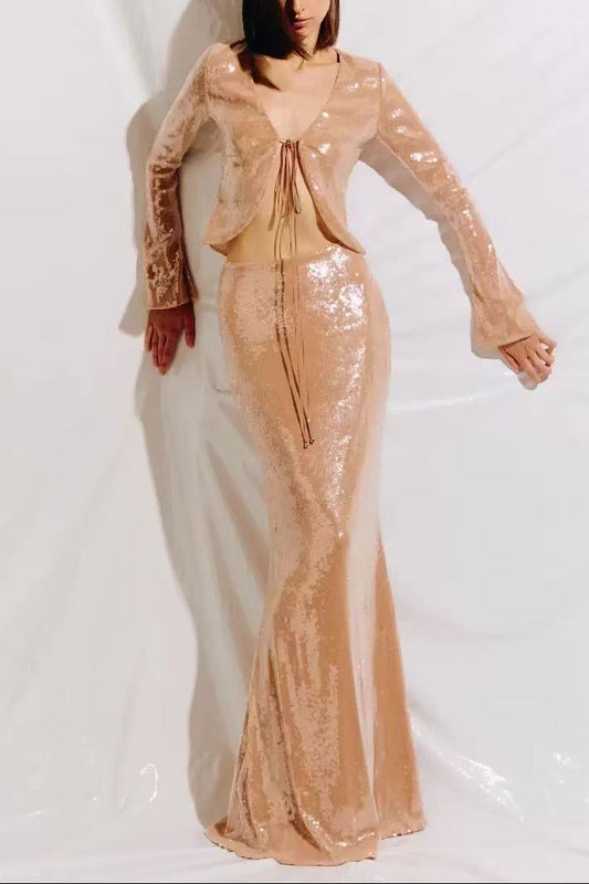 Aubelin Sequin Two Piece Set - Nude