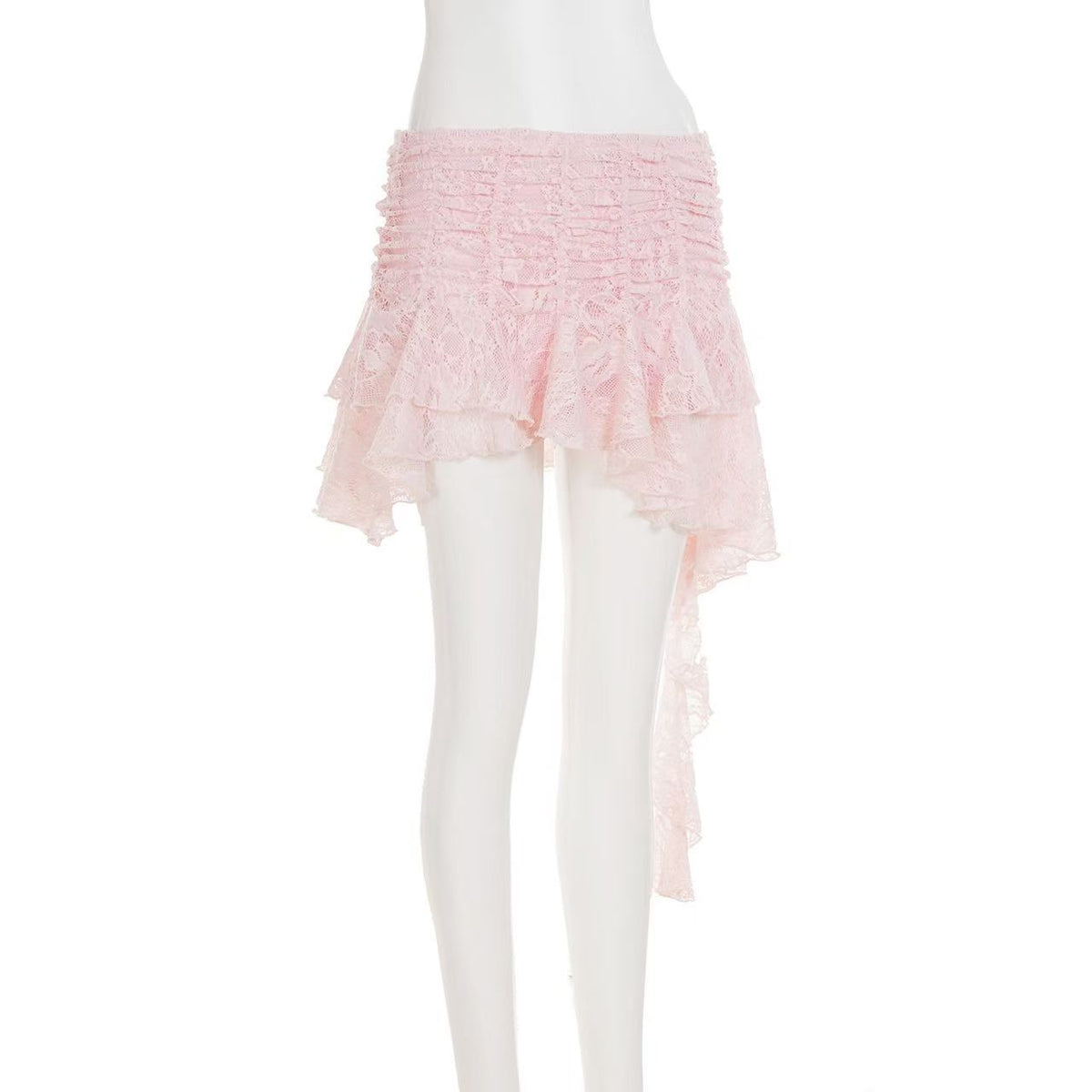 Ruched Lace Asymmetrical Mini Skirt