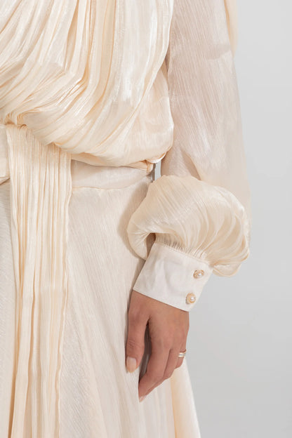 ivory Pleated Bodice Draped puff sleeve Maxi Dress