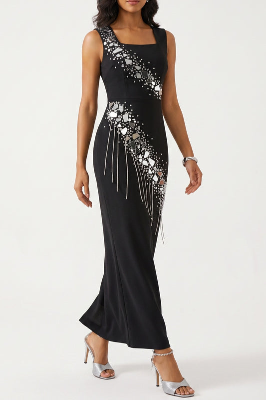 Sleeveless Square Neck Rhinestone Fringe Midi Bodycon Dress