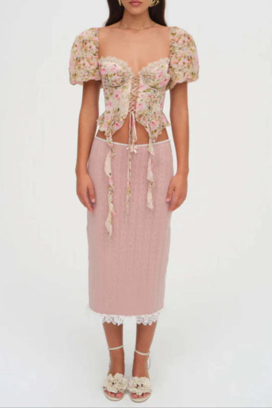 pink Tie-Drape Chiffon Shirt with Ruffled Puff Sleeves