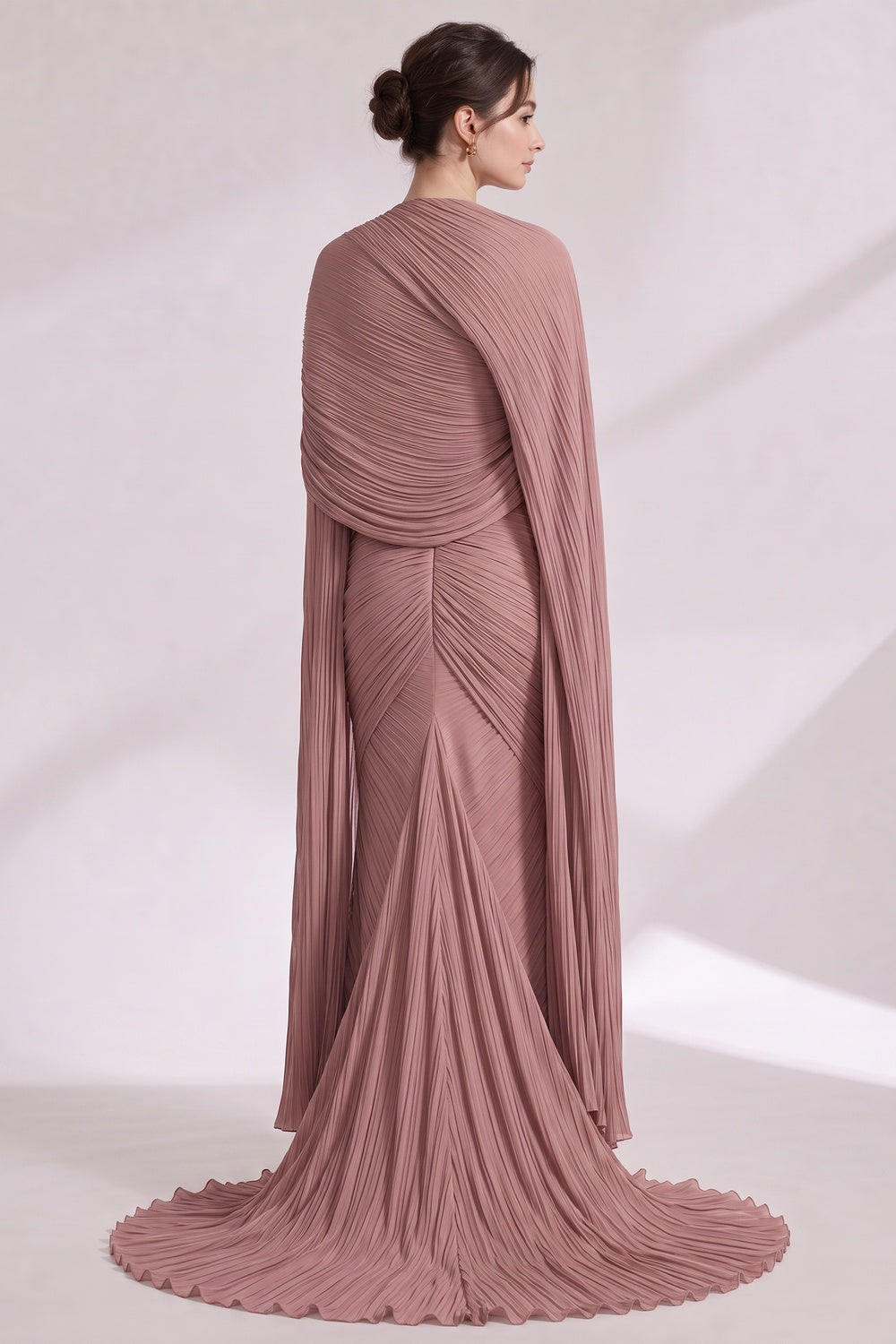 Dusty Rose Plissé Chiffon Strapless Gown with Draped Cape and Train dusty rose plissé chiffon strapless gown with matching draped cape - product view 5