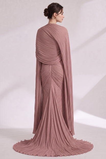 Dusty Rose Plissé Chiffon Strapless Gown with Draped Cape and Train dusty rose plissé chiffon strapless gown with matching draped cape - product view 5