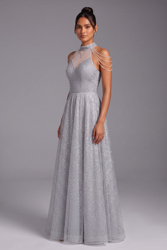 Silver Tulle A-Line Evening Gown silver, light grey tulle evening gown - product view 2