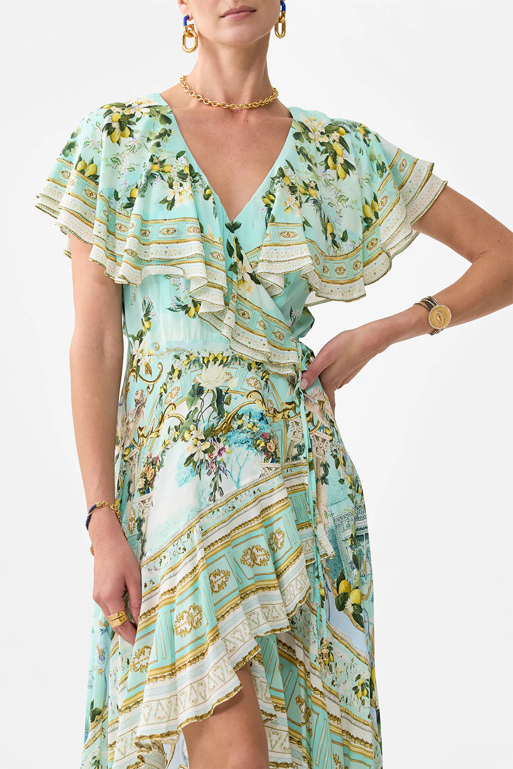 green-multi Printed ruffled V-neck irregular hem silk maxi dress