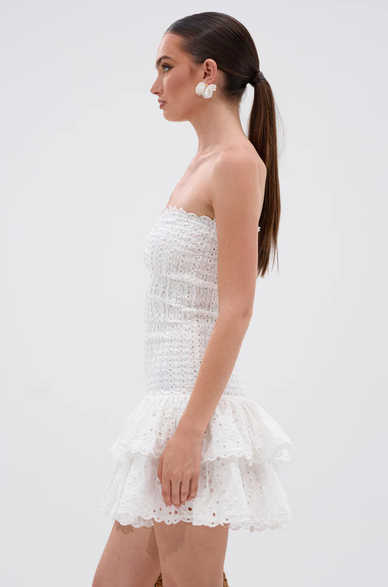 eyelet layered strapless mini dress in white