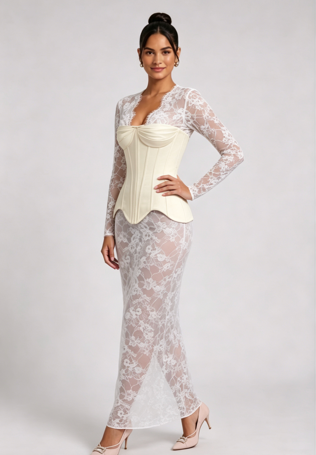 white sheer floral lace column dress with structured hourglass corset overlay layered maxi dress