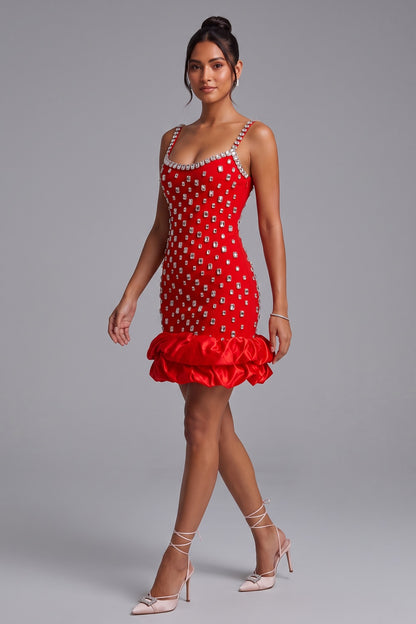 Red Structured Crepe Fitted Bodycon Dress with Bubble Hem red structured crepe dress - product view 4