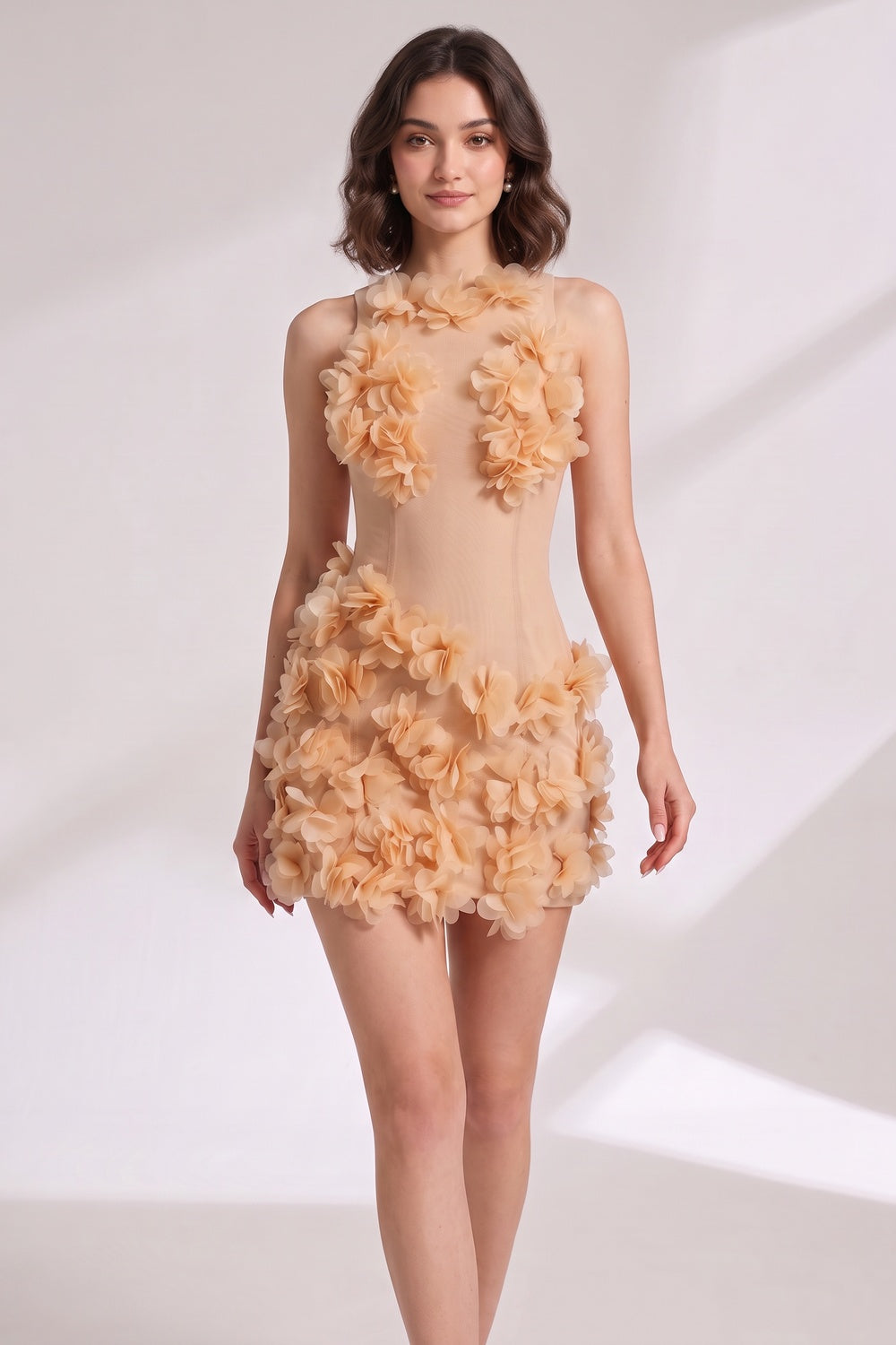 Beige Sheer Mesh Bodycon Mini Dress with 3D Floral Petals beige, peach sheer mesh mini dress - product view 2