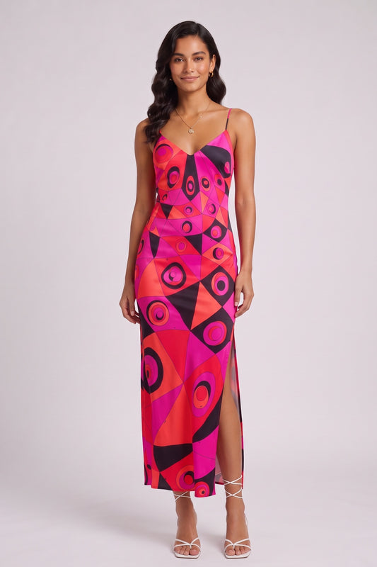 hot pink satin column slip dress hot pink, magenta satin dress - product view 4